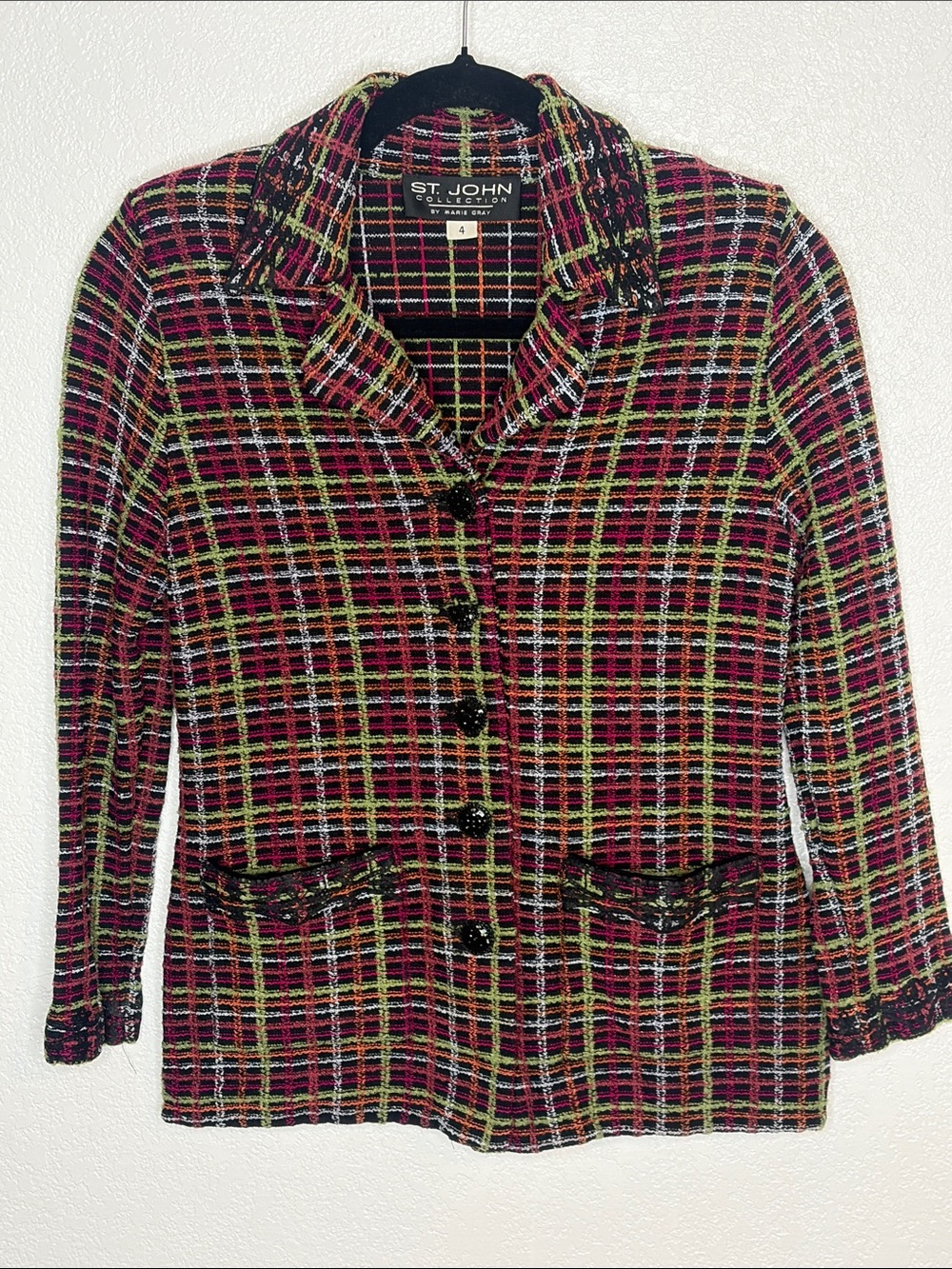 St John Black Multi Color Grid Metallic Santana Knit Blazer Embroidered Size 4
